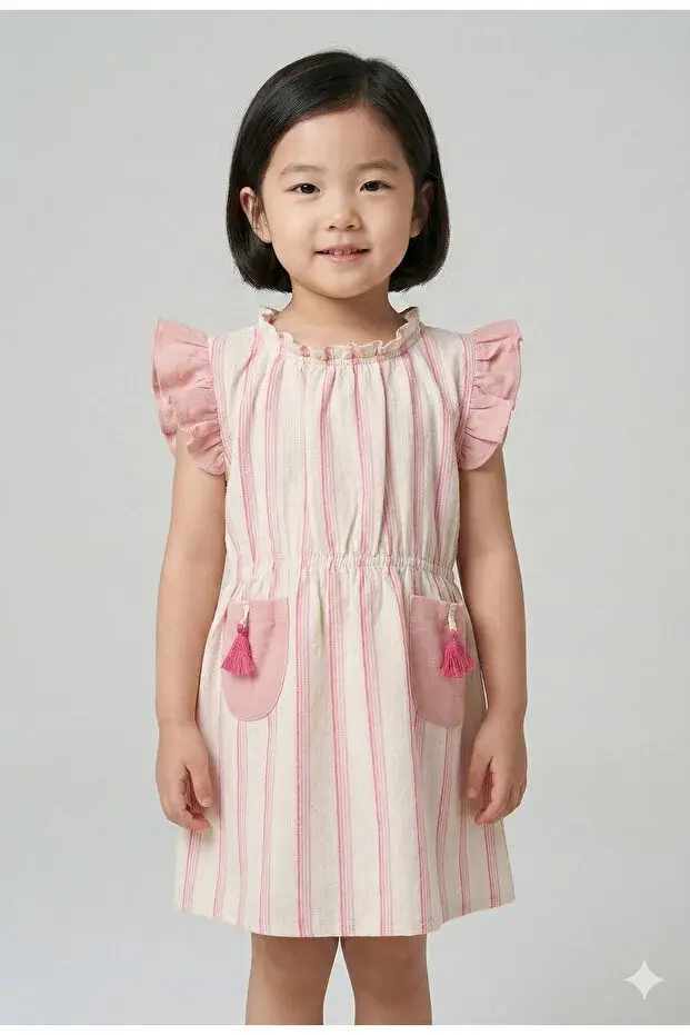 Püsküllü Cepli Kız Elbise(1-2-3-4 Yaş) Seri -851-gülkurusu