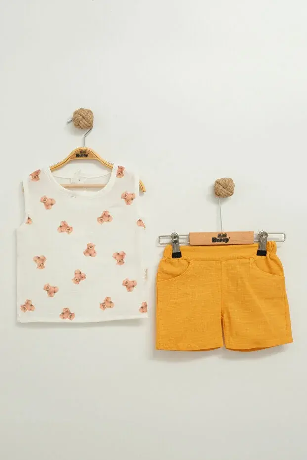 Erkek Bebek Ayıcıklı Müslin Şortlu Atletli 2'li Takım (9-12-18 Ay ) Seri - 869-Sarı