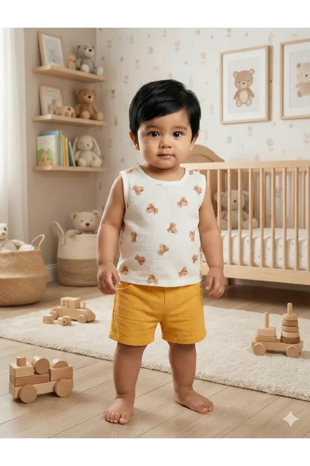 Erkek Bebek Ayıcıklı Müslin Şortlu Atletli 2'li Takım (9-12-18 Ay ) Seri - 869-Sarı