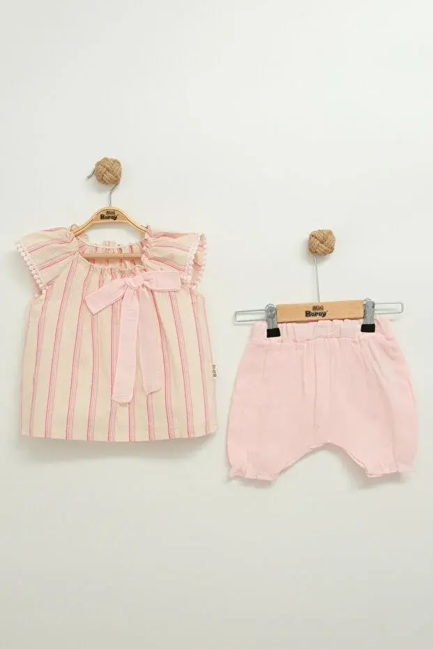Müslin Fiyonklu Şortlu Çizgili Kız 2 li takım (9-12-18 Ay) Seri -850-Pembe