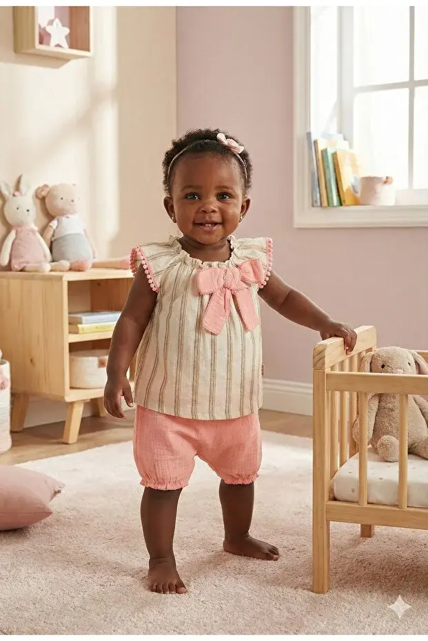 Müslin Fiyonklu Şortlu Çizgili Kız 2 li takım (9 Ay) Seri -850-Bej