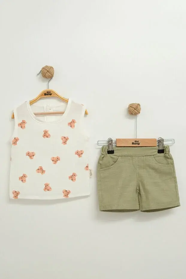 Erkek Bebek Ayıcıklı Müslin Şortlu Atletli 2'li Takım (9-12-18 Ay ) Seri - 869-Yeşil