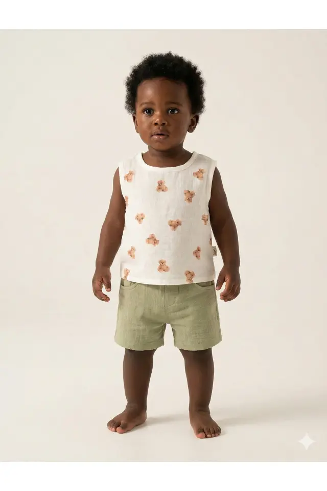 Erkek Bebek Ayıcıklı Müslin Şortlu Atletli 2'li Takım (9-12-18 Ay ) Seri - 869-Yeşil