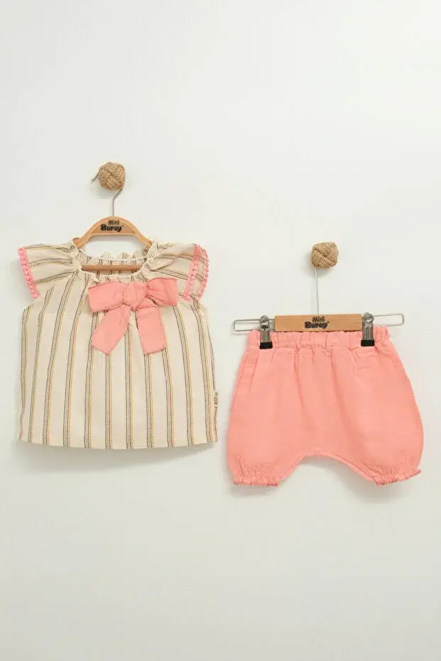 Müslin Fiyonklu Şortlu Çizgili Kız 2 li takım (12-18 Ay) Seri -850-somon