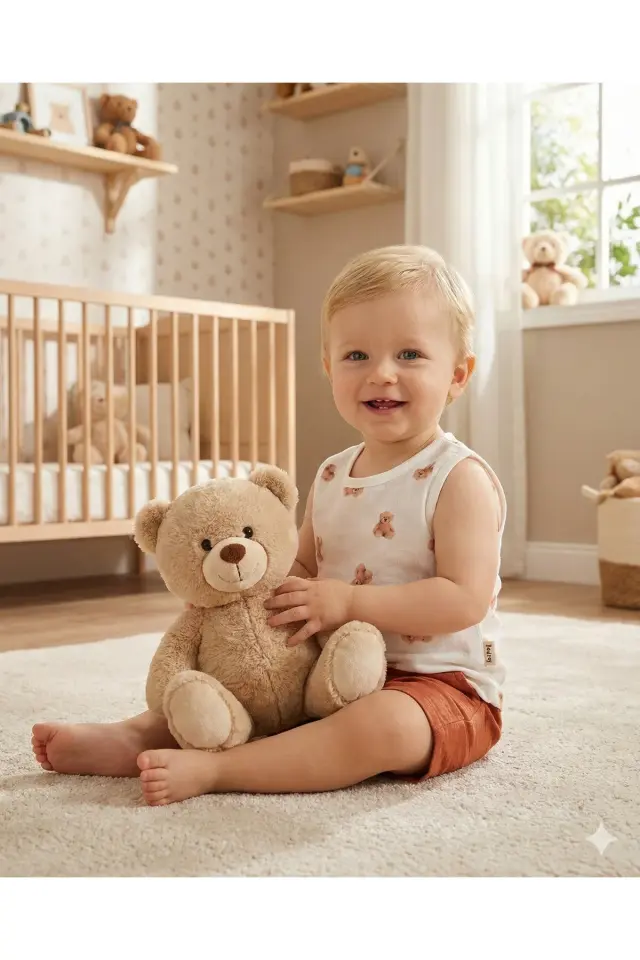 Erkek Bebek Ayıcıklı Müslin Şortlu Atletli 2'li Takım (9-12-18 Ay ) Seri - 869-Kiremit Kahverengi