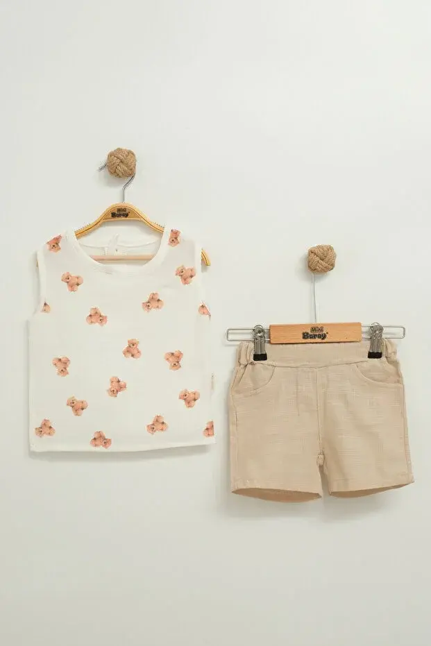 Erkek Bebek Ayıcıklı Müslin Şortlu Atletli 2'li Takım (9-12-18 Ay ) Seri - 869-Bej