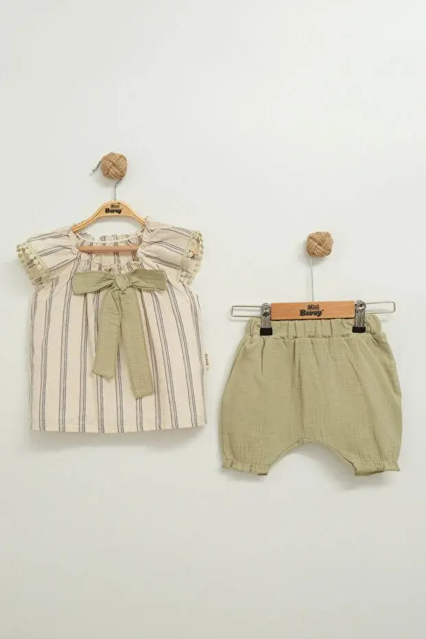 Müslin Fiyonklu Şortlu Çizgili Kız 2 li takım (9-12-18 Ay) Seri -850-Yeşil