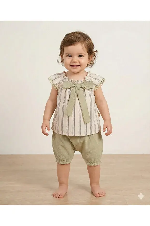 Müslin Fiyonklu Şortlu Çizgili Kız 2 li takım (9-12-18 Ay) Seri -850-Yeşil
