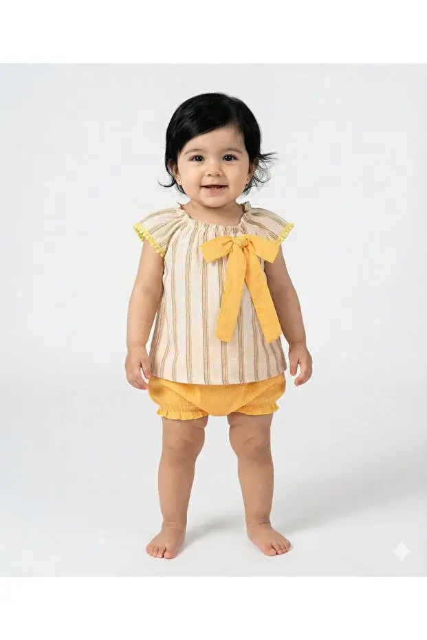 Müslin Fiyonklu Şortlu Çizgili Kız 2 li takım (9 Ay) Seri -850-Sarı