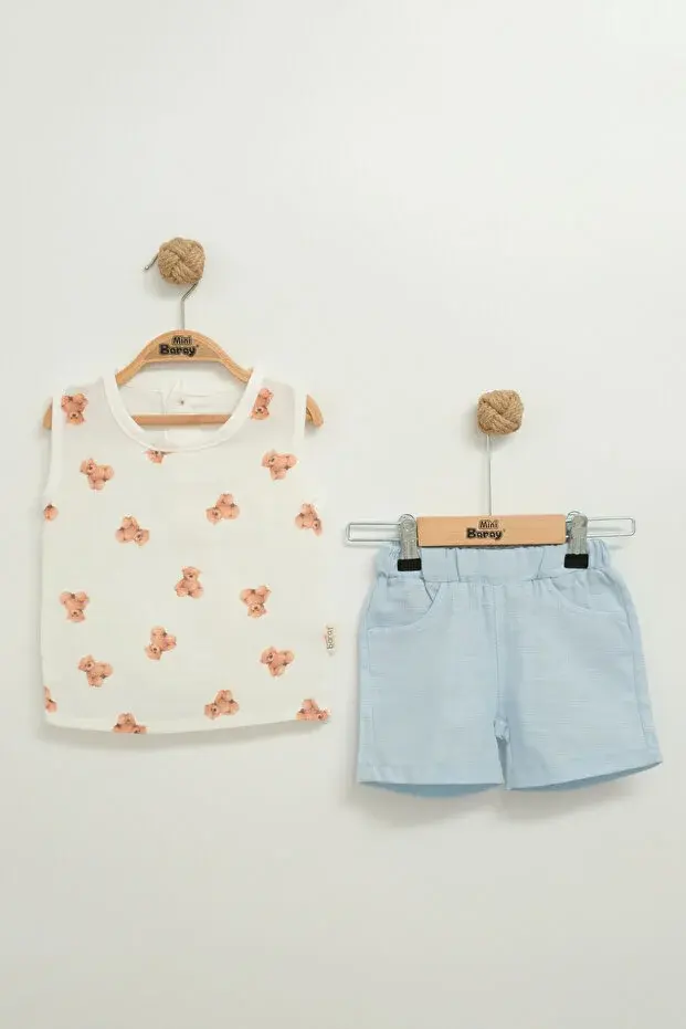 Erkek Bebek Ayıcıklı Müslin Şortlu Atletli 2'li Takım (9-12-18 Ay ) Seri - 869-Mavi