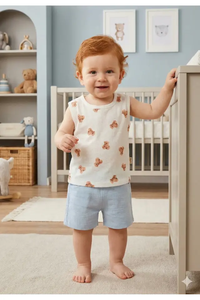 Erkek Bebek Ayıcıklı Müslin Şortlu Atletli 2'li Takım (9-12-18 Ay ) Seri - 869-Mavi