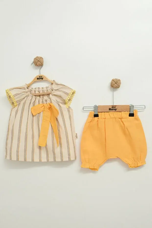 Müslin Fiyonklu Şortlu Çizgili Kız 2 li takım (12-18 Ay) Seri -850-hardal