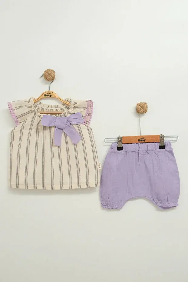 Müslin Fiyonklu Şortlu Çizgili Kız 2 li takım (9-12-18 Ay) Seri -850-Mor
