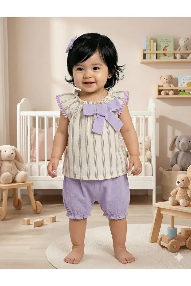 Müslin Fiyonklu Şortlu Çizgili Kız 2 li takım (9-12-18 Ay) Seri -850-Mor