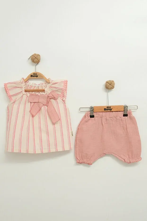 Müslin Fiyonklu Şortlu Çizgili Kız 2 li takım (9-12-18 Ay) Seri -850-Çok Renkli