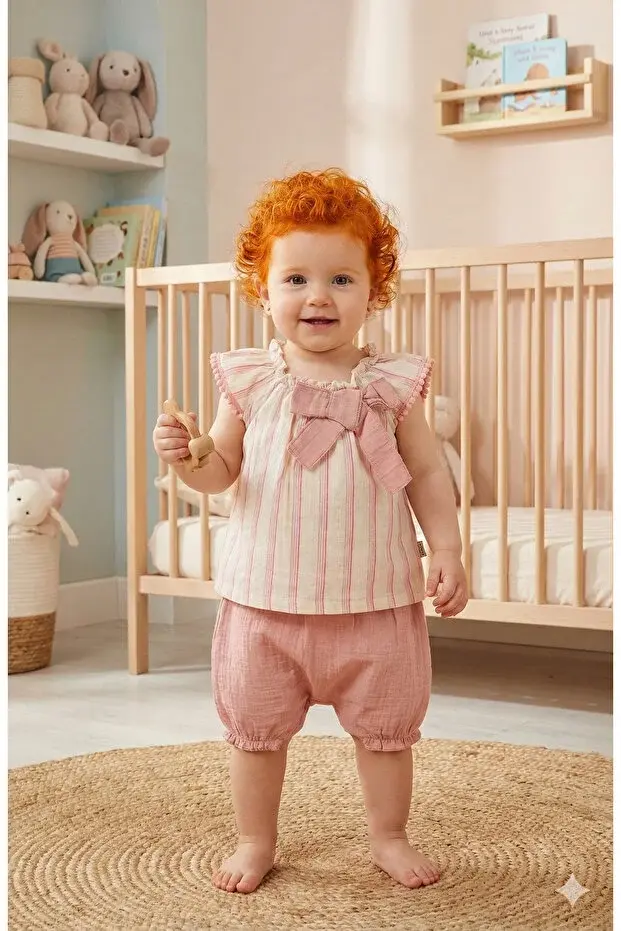 Müslin Fiyonklu Şortlu Çizgili Kız 2 li takım (9-12-18 Ay) Seri -850-Çok Renkli