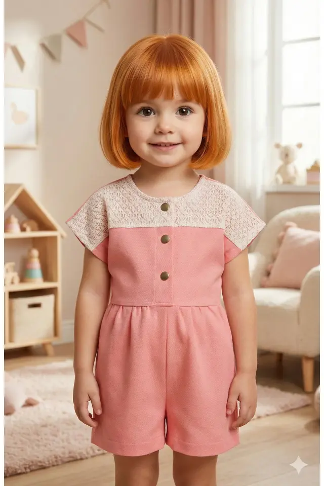 Dantel Detaylı Gabardin Kız Çocuk Tulumu - 2,3,4,5 Yaş Seri - 1009-Pembe