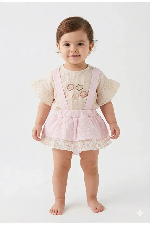 Desenli Müslin Etekli Takım - 9-12 Ay Kız bebek takım Seri -1066-Açık Pembe