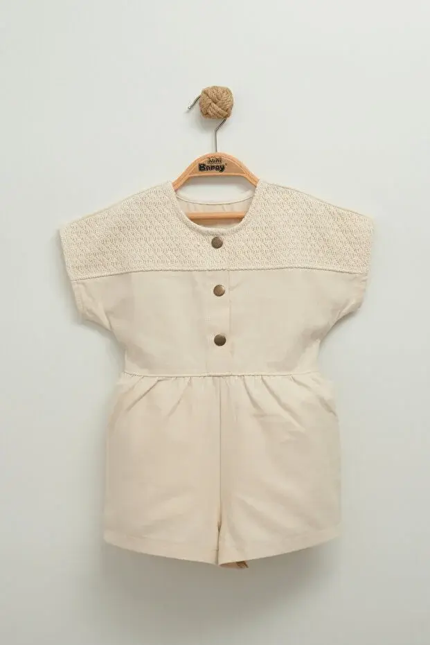 Dantel Detaylı Gabardin Kız Çocuk Tulumu - 2,3,4,5 Yaş Seri - 1009-Krem