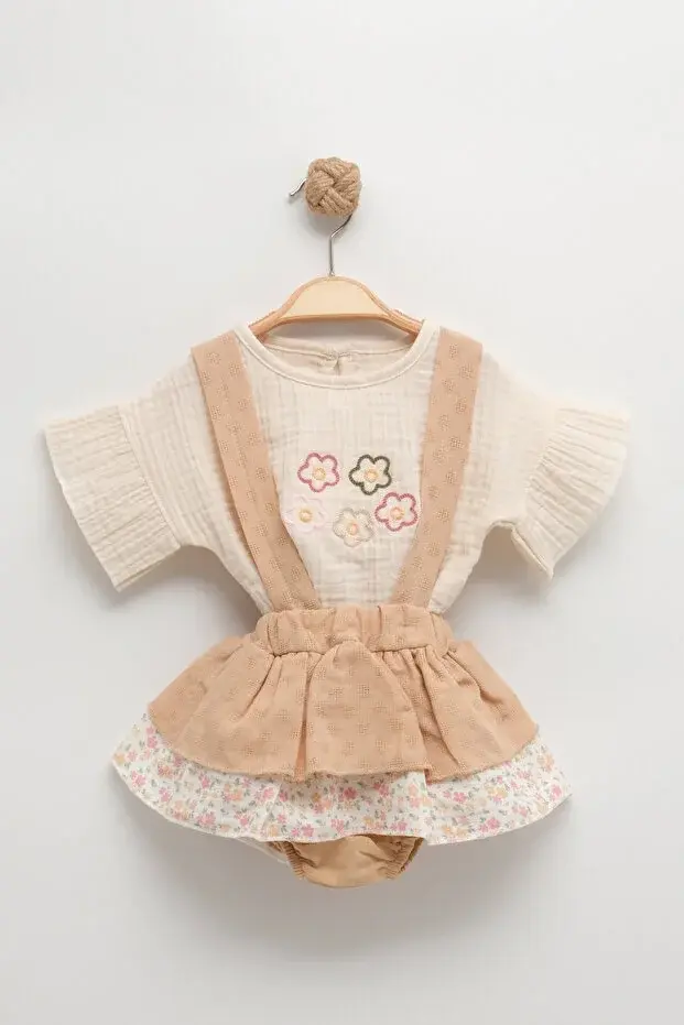 Desenli Müslin Etekli Takım - 9-12-18 Ay Kız bebek takım Seri -1066-Kahverengi