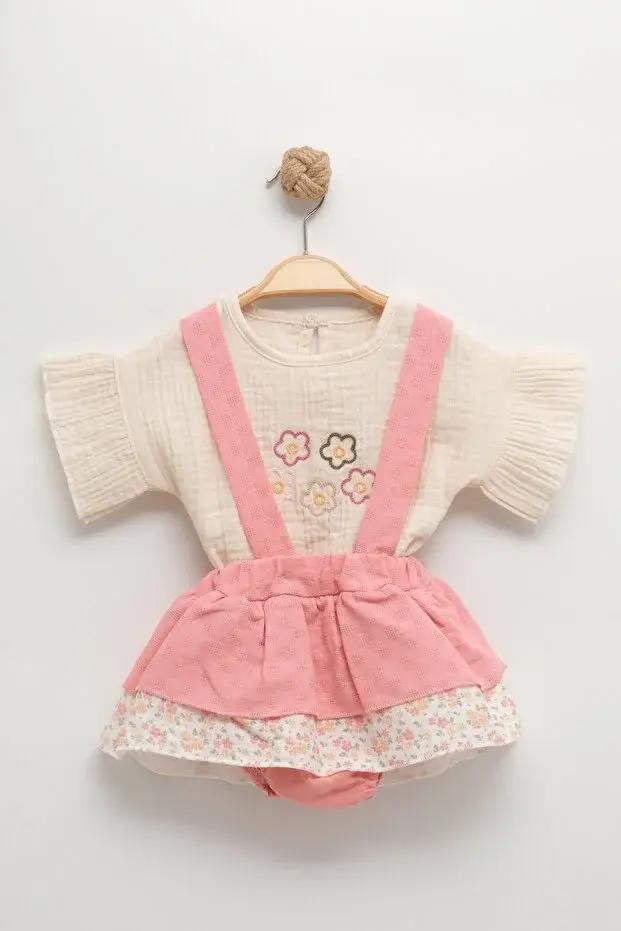 Desenli Müslin Etekli Takım - 9-12-18 Ay Kız bebek takım Seri -1066-Pembe