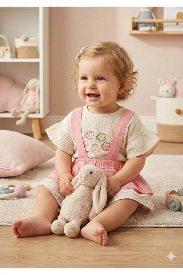 Desenli Müslin Etekli Takım - 9-12-18 Ay Kız bebek takım Seri -1066-Pembe