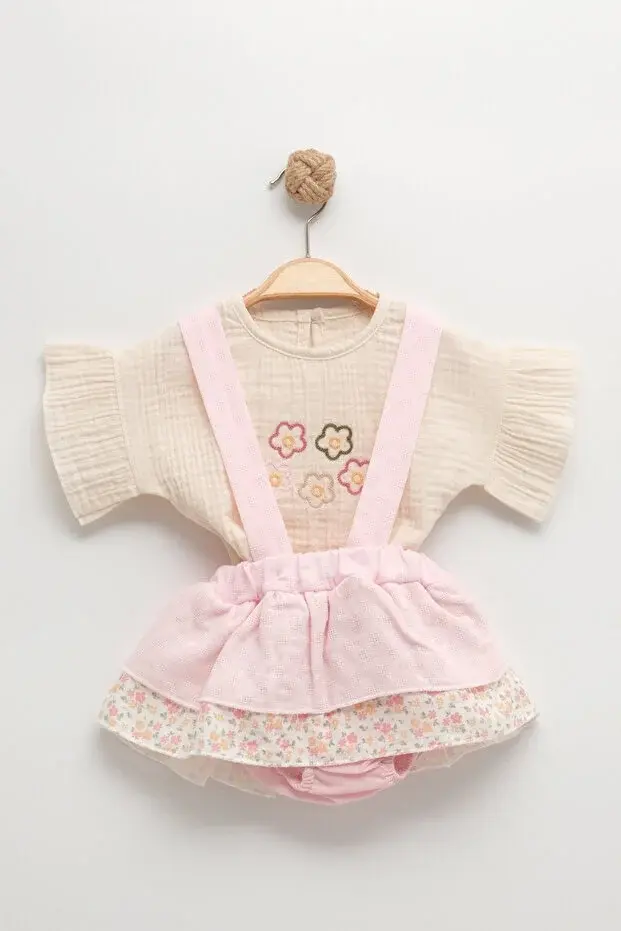 Desenli Müslin Etekli Takım -18 Ay Kız bebek takım Seri -1066-Çok Renkli