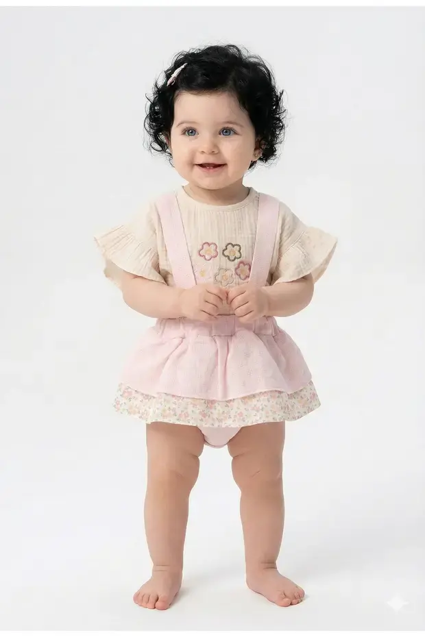 Desenli Müslin Etekli Takım -18 Ay Kız bebek takım Seri -1066-Çok Renkli