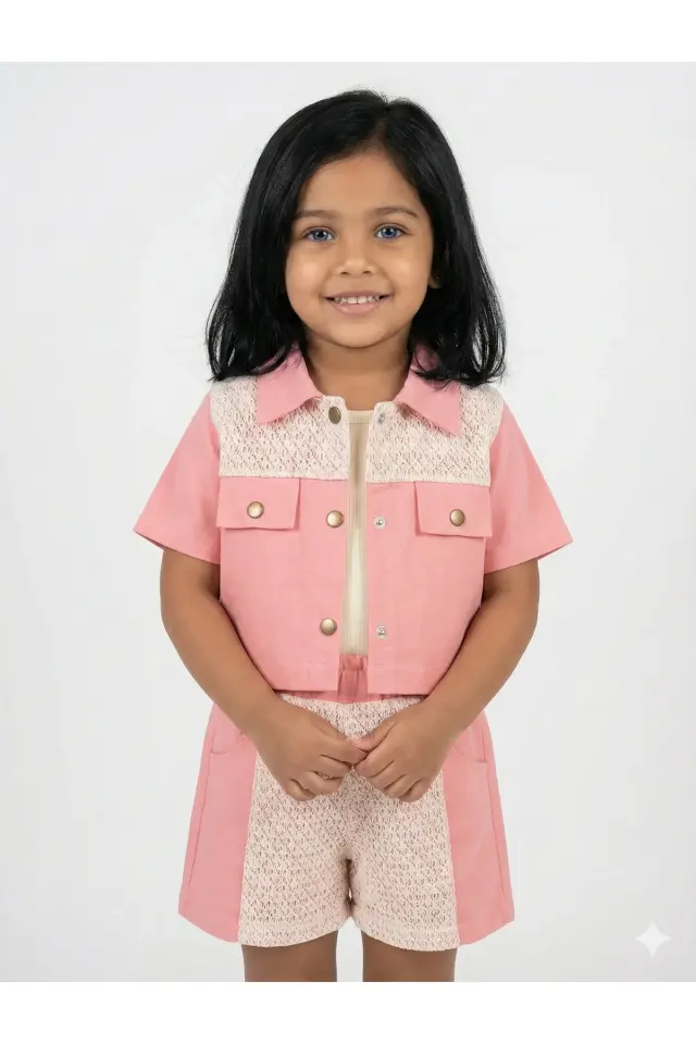 Dantelli Askılı Şortlu Gömlek Takım - 2,3,4,5 Yaş Kız Seri - 1065-Pembe