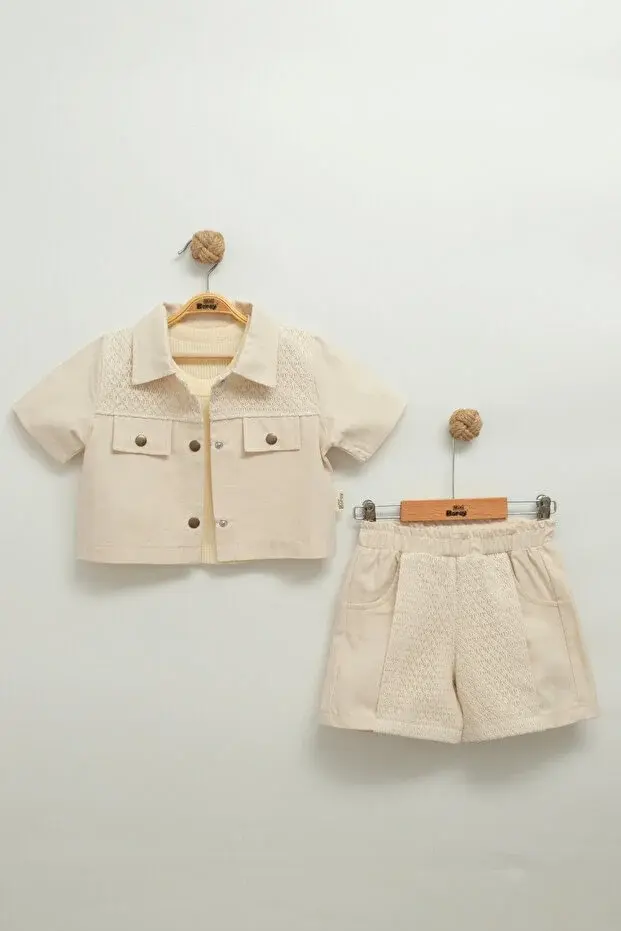 Dantelli Askılı Şortlu Gömlek Takım - 2,3,4,5 Yaş Kız Seri - 1065-Bej