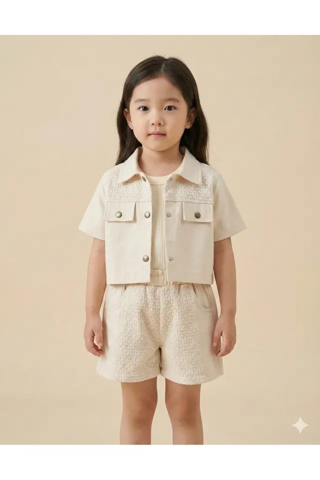 Dantelli Askılı Şortlu Gömlek Takım - 2,3,4,5 Yaş Kız Seri - 1065-Bej