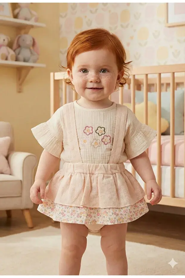 Desenli Müslin Etekli Takım - 9-12-18 Ay Kız bebek takım Seri -1066-Bej