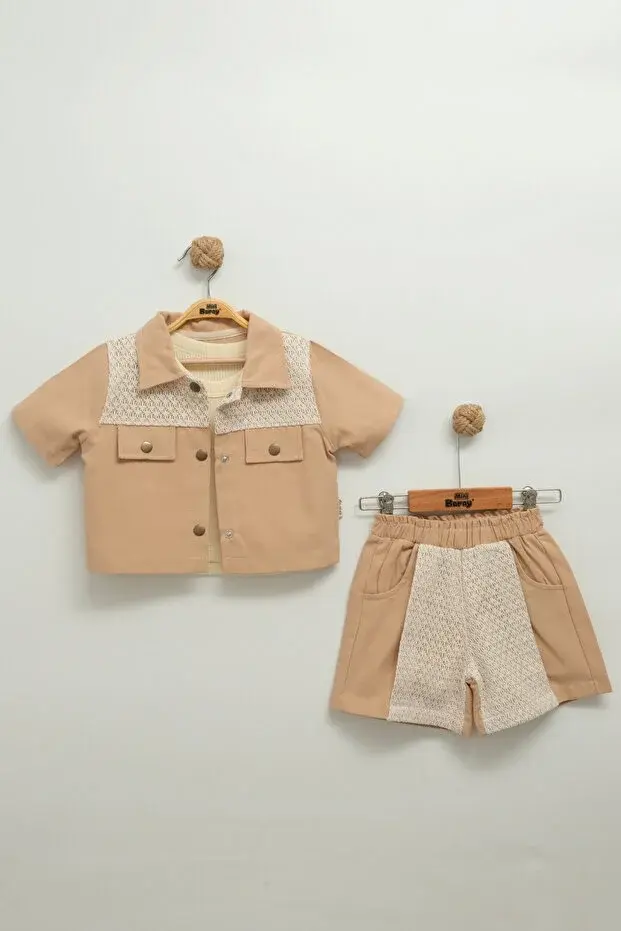 Dantelli Askılı Şortlu Gömlek Takım - 2,3,4,5 Yaş Kız Seri - 1065-Pembe