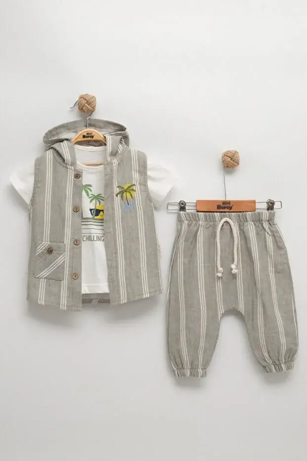 Çizgili Yelekli Erkek Bebek Üçlü Takım - 9-12-18-24 Ay Seri - 1060-Yeşil