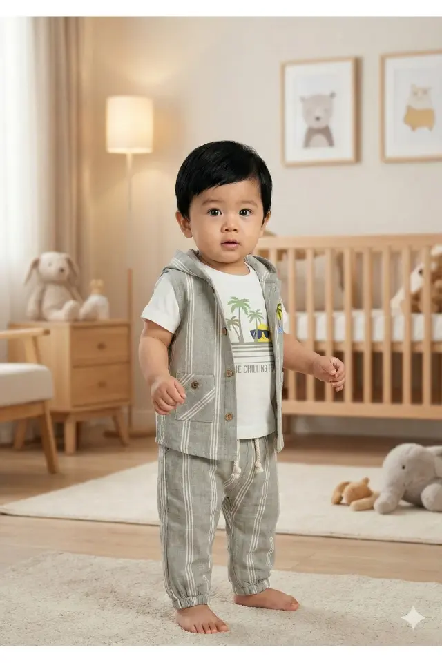 Çizgili Yelekli Erkek Bebek Üçlü Takım - 9-12-18-24 Ay Seri - 1060-Yeşil