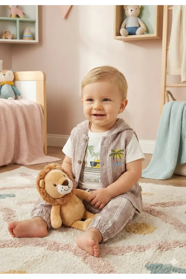 Çizgili Yelekli Erkek Bebek Üçlü Takım - 9-12-18-24 Ay Seri - 1060-Kahverengi