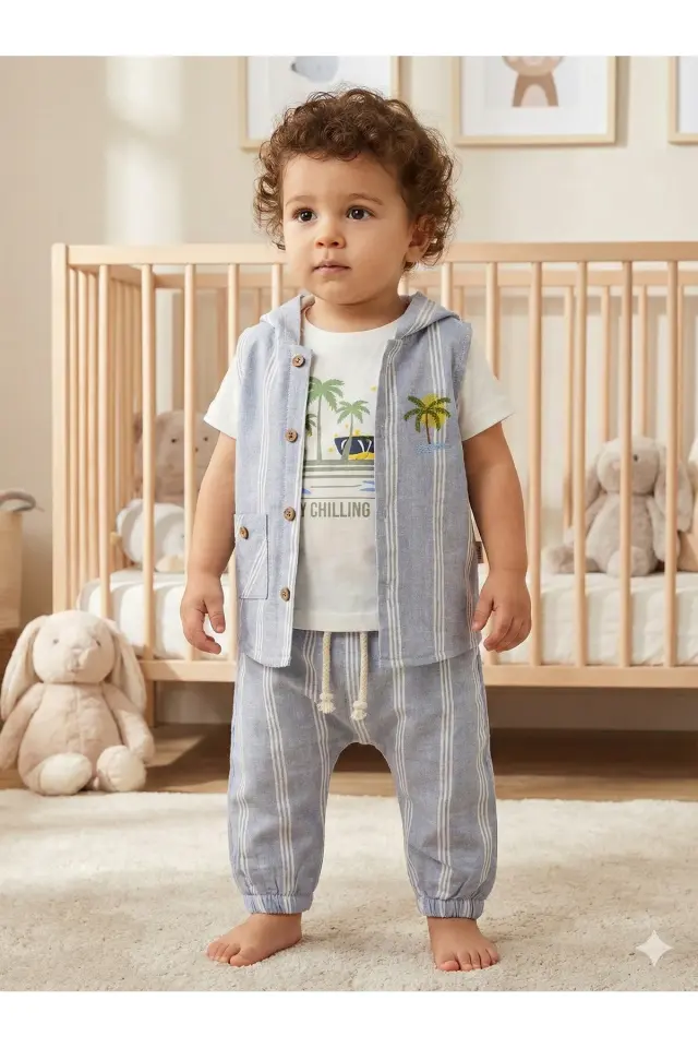 Çizgili Yelekli Erkek Bebek Üçlü Takım - 9-12-18-24 Ay Seri - 1060-Mavi