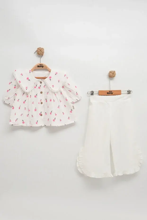 Çiçek Desenli Müslin Gömlek & Fırfırlı İkili Takım - 1,2,3,4 Yaş Kız Bebek Seri - 1055-Pembe