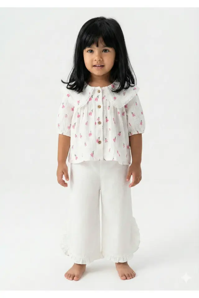 Çiçek Desenli Müslin Gömlek & Fırfırlı İkili Takım - 1,2,3,4 Yaş Kız Bebek Seri - 1055-Pembe