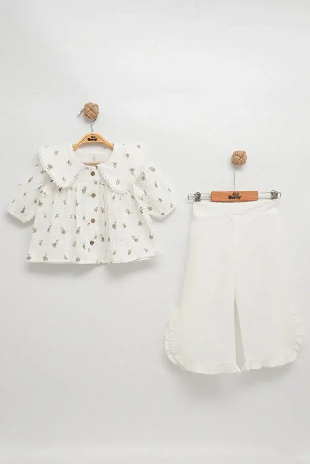 Çiçek Desenli Müslin Gömlek & Fırfırlı İkili Takım - 1,2,3,4 Yaş Kız Bebek
