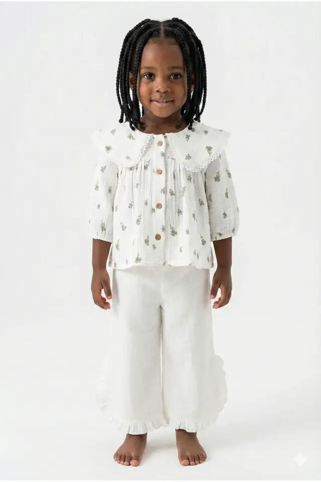 Çiçek Desenli Müslin Gömlek & Fırfırlı İkili Takım - 1,2,3,4 Yaş Kız Bebek