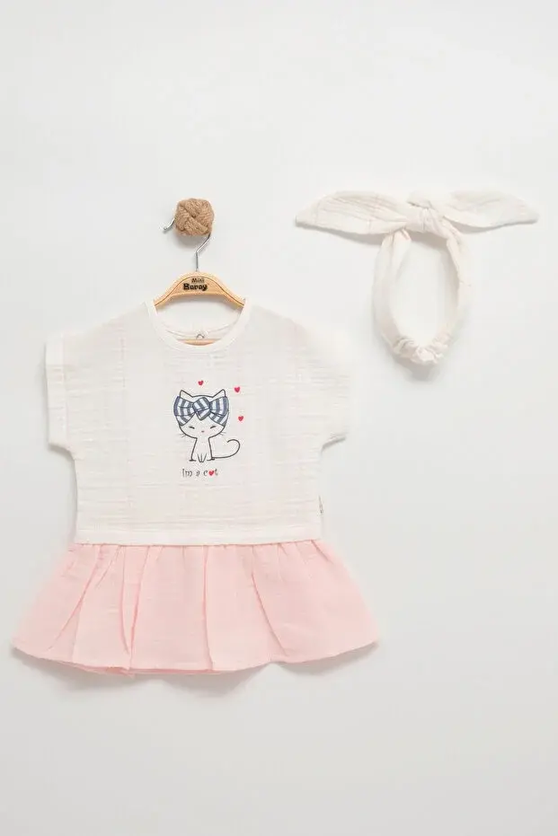 Kedicikli Müslin Bandalı Pembe Elbise (-9-12-18 Aylık) Kız Bebek Elbise Takımı Seri - 987-Pembe