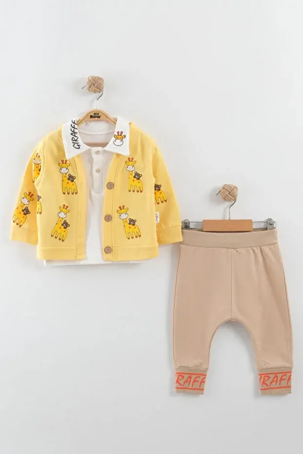 Zürafa baskılı Ceketli Erkek 3 Lü Takım - 9-12-18 Ay Seri -923-Sarı