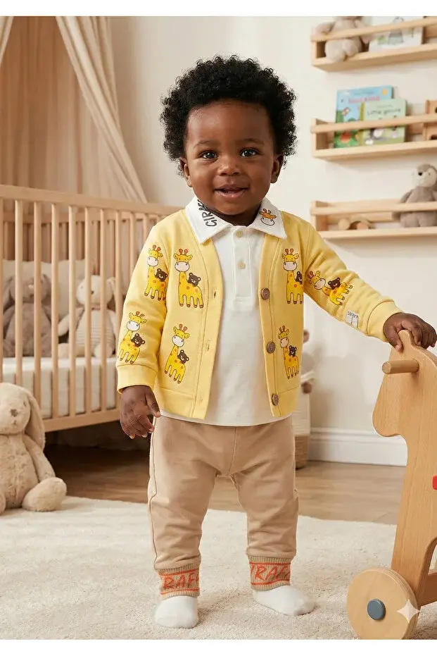 Zürafa baskılı Ceketli Erkek 3 Lü Takım - 9-12-18 Ay Seri -923-Sarı