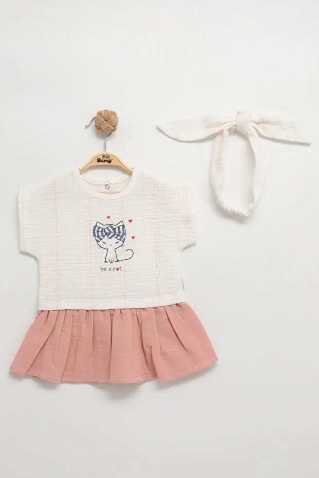 Kedicikli Müslin Bandalı Gülkurusu Pembe Elbise (-9-12-18 Aylık) Kız Bebek Elbise Takımı Seri - 987-Gülkurusu Pembe