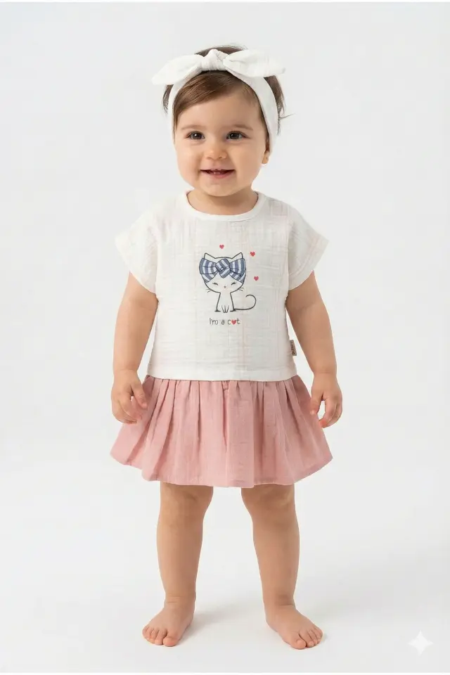 Kedicikli Müslin Bandalı Gülkurusu Pembe Elbise (-9-12-18 Aylık) Kız Bebek Elbise Takımı Seri - 987-Gülkurusu Pembe