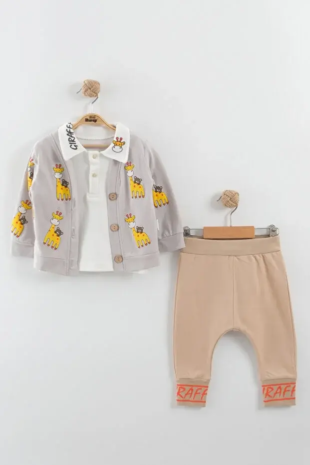 Zürafa baskılı Ceketli Erkek 3 Lü Takım - 9-12-18 Ay Seri -923-Gri