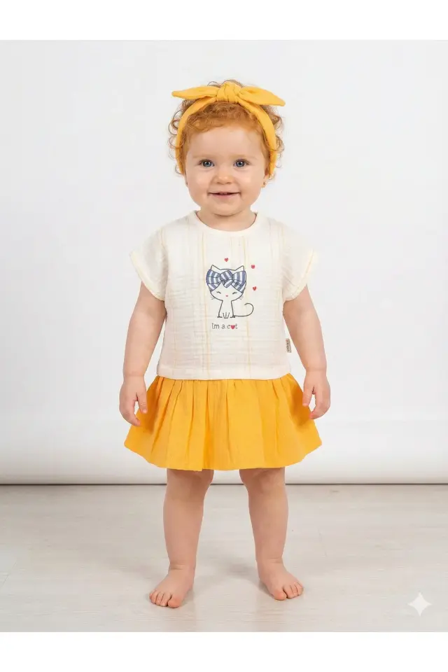 Kedicikli Müslin Bandalı Sarı Elbise (-9-12-18 Aylık) Kız Bebek Elbise Takımı Seri - 987-Sarı
