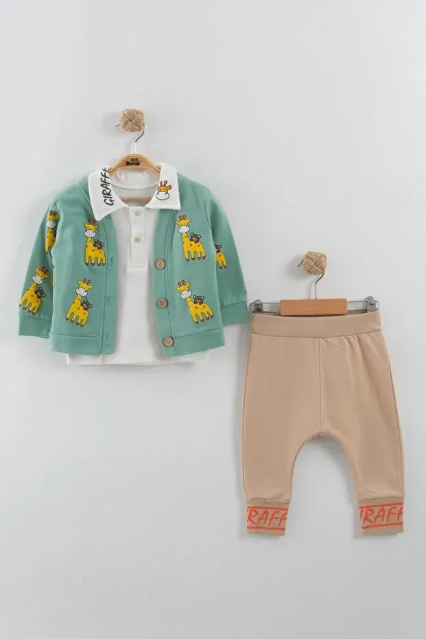 Zürafa baskılı Ceketli Erkek 3 Lü Takım - 9-12-18 Ay Seri -923-Yeşil