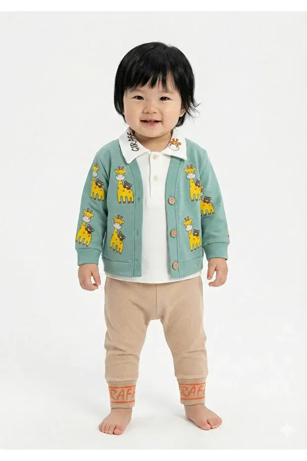 Zürafa baskılı Ceketli Erkek 3 Lü Takım - 9-12-18 Ay Seri -923-Yeşil